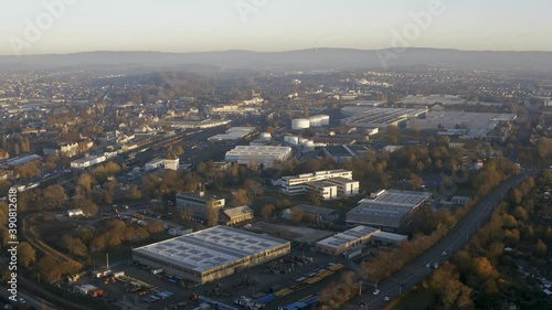 Wallpaper Mural Drone shot of the cityscape landscape of Kassel in beautiuful soft sunlight and covered in fog. Typical german urban living, Germany, Europe. Torontodigital.ca