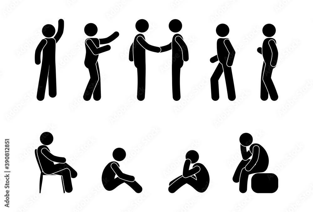 people stand and sit, set of stick men, stick figure pictograms isolated icons people stand and sit, set of stick men, stick figure pictograms isolated icons