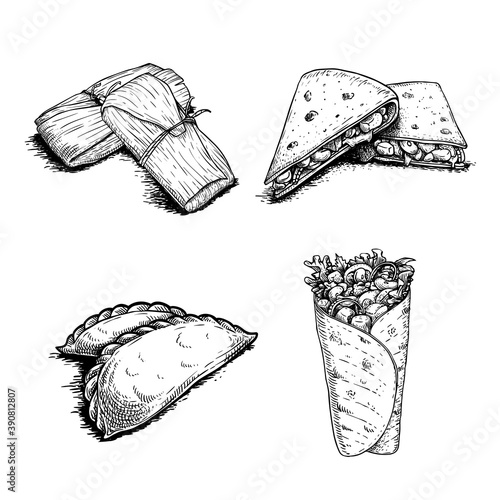 Mexican fast food set. Hand drawn sketch style. Tamales, Empanadas, Burritos and Quesadillas. Best for menu design and package. Vector illustrations isolated on white background.