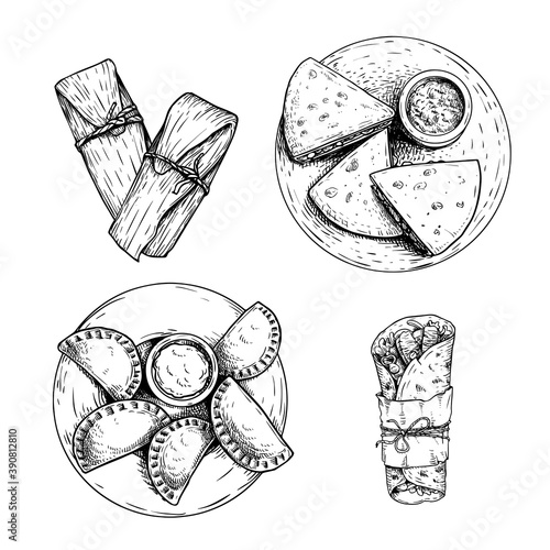 Mexican fast food set. Hand drawn sketch style. Top view. Tamales, Empanadas, Burritos and Quesadillas. Best for menu design and package. Vector illustrations isolated on white background.