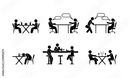 man sitting at the table  various situations in the cafe and office  communication of people  isolated stick figure pictograms