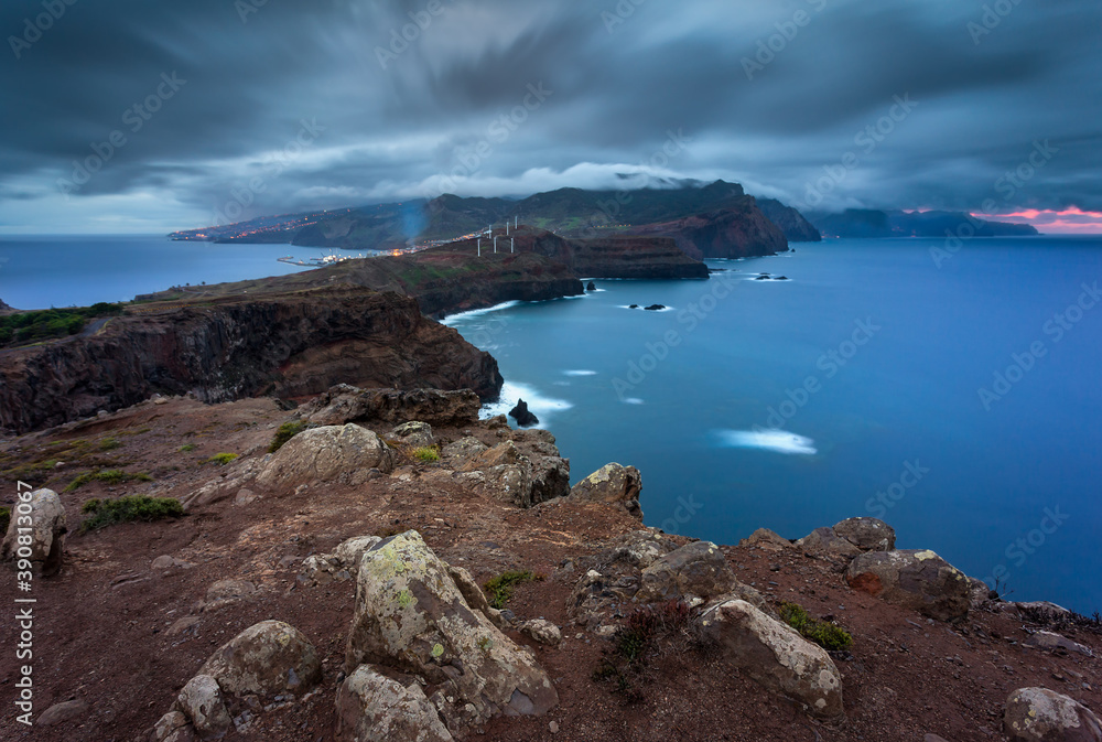 Cliffs view on East coast of Madeira island at nightfall. Ponta de Sao Lourenco. Portugal. Europe
