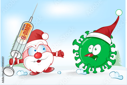 santa claus mascot fight against corona virus covid-19 cartoon on christmas background