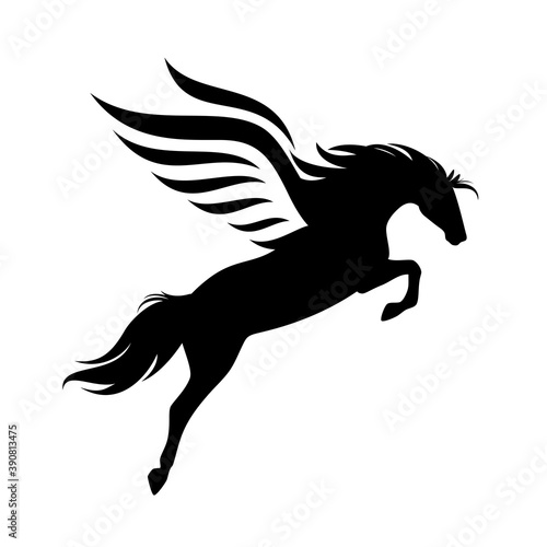 Fototapeta Naklejka Na Ścianę i Meble -  winged pegasus horse black and white vector outline - flying mythical stallion detailed silhouette