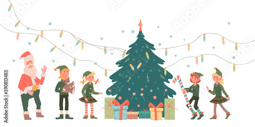 Christmas banner with elves, kids cartoon characters and Santa laying gifts under Xmas tree, cartoon flat vector illustration on white background. Elves as cute children personages with Santa Claus.