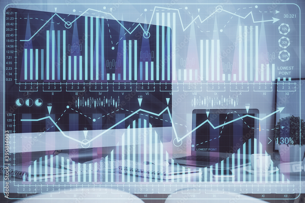 Forex market graph hologram and personal computer on background. Double exposure. Concept of investment. Forex market graph hologram and personal computer on background. Double exposure. Concept of investment.
