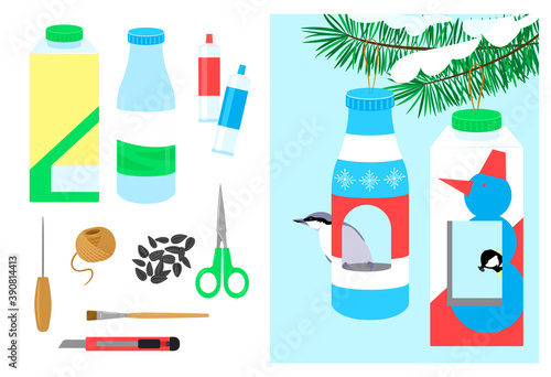 Set of items for creating bird feeders. Winter crafts. Vector illustration.