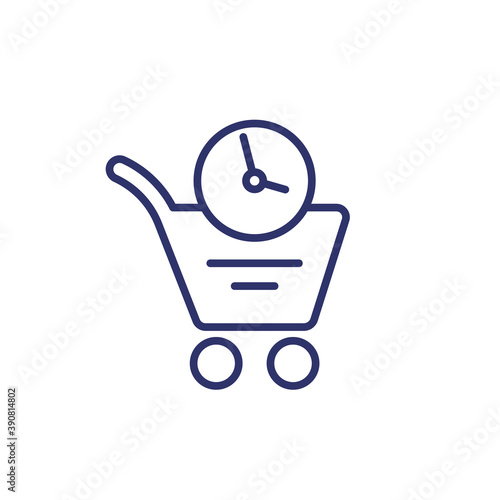 shopping cart and clock line icon on white