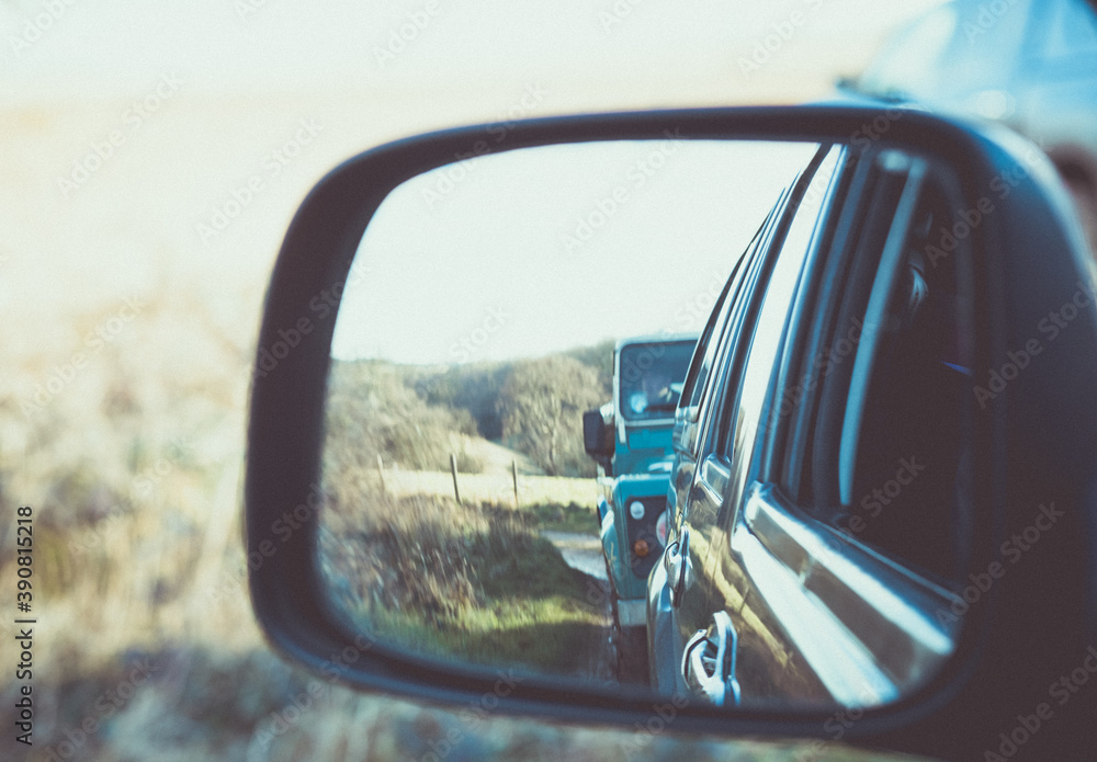 The rural Oxfordshire countryside in a 4x4 wing mirror The rural Oxfordshire countryside in a 4x4 wing mirror