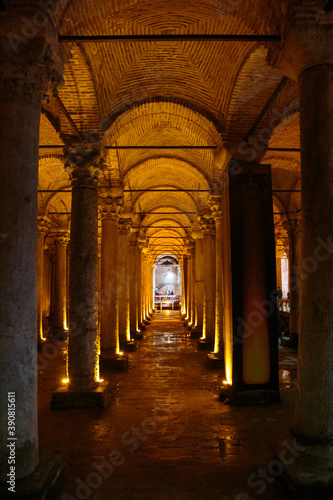 Underground Basilica Cistern Yerebatan Sarnici in Istanbul, Turkey. Cistern in Istanbul underground. Basilica showplace in Istanbul
