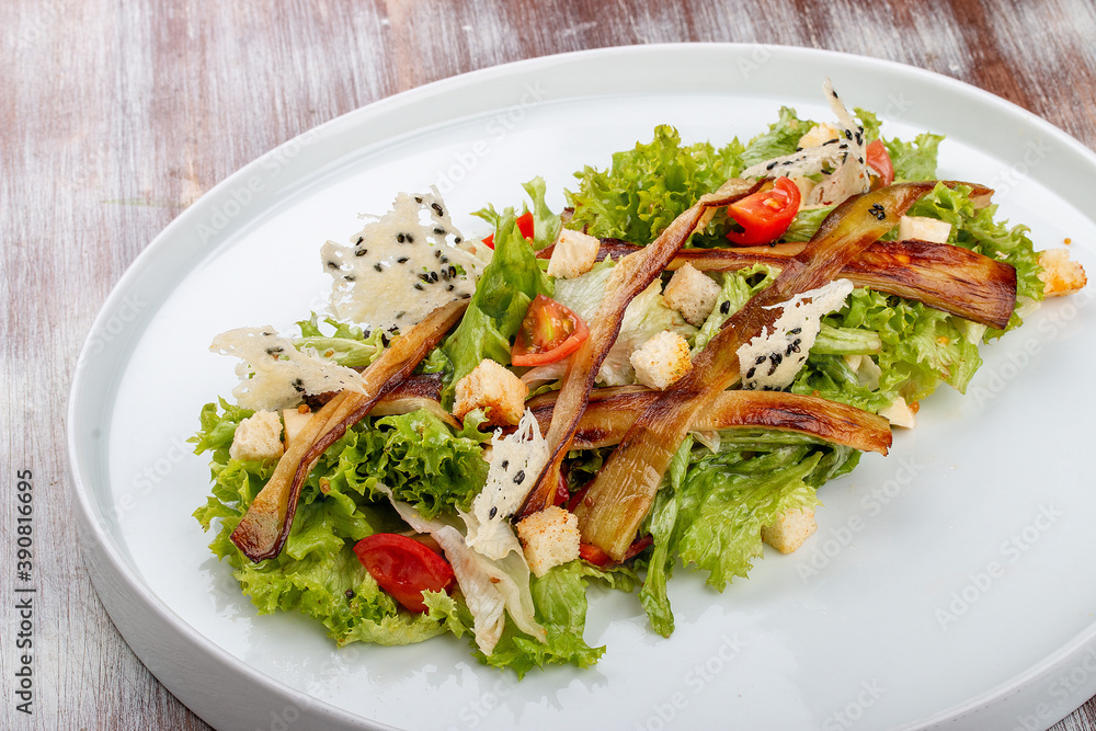 Salad with baked eggplant, mozzarella and romaine lettuce Salad with baked eggplant, mozzarella and romaine lettuce