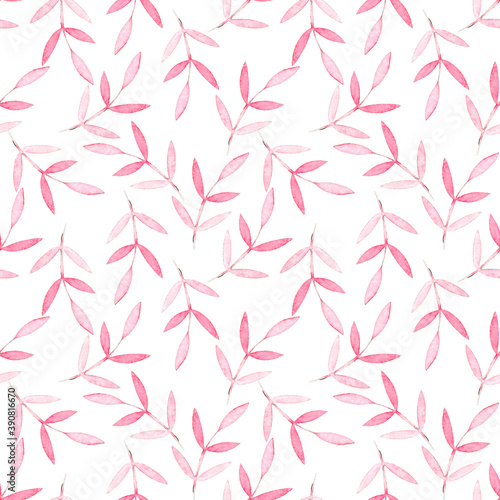 Fototapeta Naklejka Na Ścianę i Meble -  Seamless pattern with pink watercolor hand drawn leaves. Valentines Day illustration. Romantic love background.