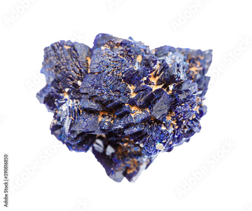 macro photography of sample of natural mineral from geological collection - unpolished Azurite mineral crystals isolated on white background