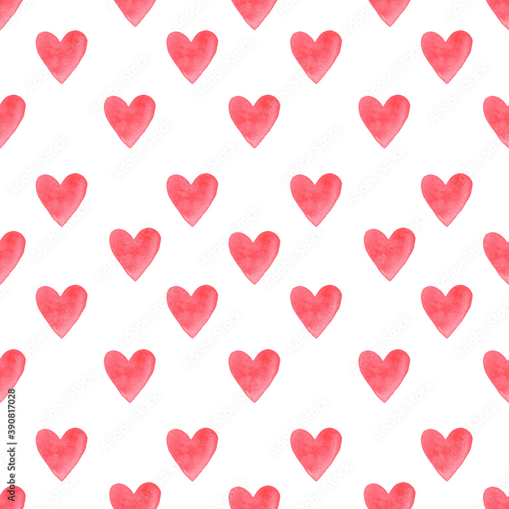 Seamless pattern with pink watercolor hand drawn hearts. Valentines Day illustration for your design. Romantic love background.