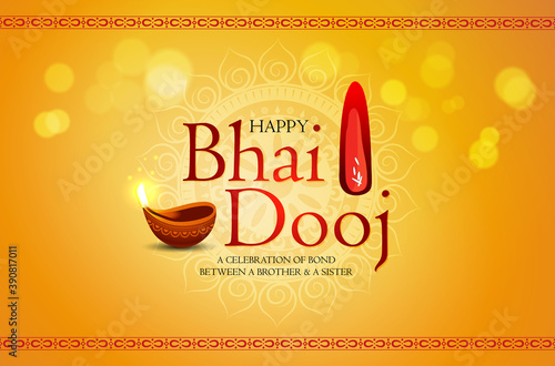 Happy Bhai Dooj, Bhai Tika, Bhau-Beej, Indian Traditional Family Festival celebration background design with stylish text Happy Bhai Dooj.