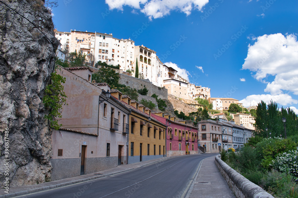 Huecar street in the city of Cuenca with its traditional white houses, Spain