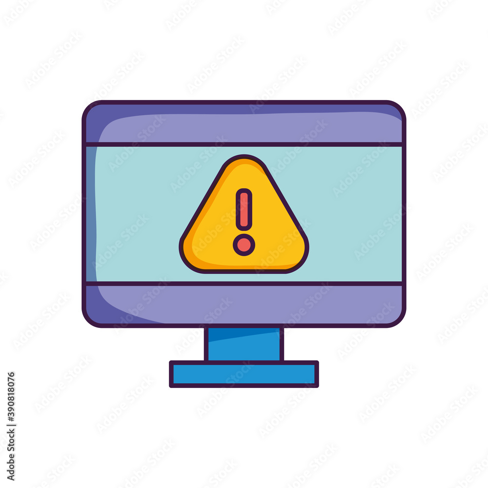 computer with warning sign on screen, flat style computer with warning sign on screen, flat style