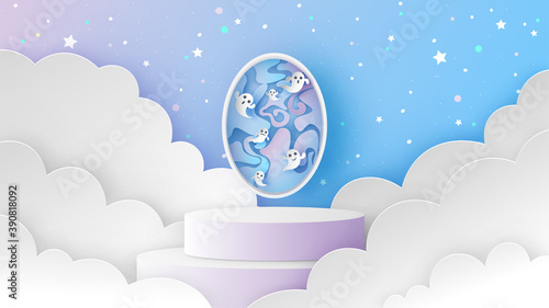 Circle stage podium scene on night sky with baby ghost spirit flying out the soul gate on Halloween. Ghost spirit in the magic gate. paper cut and craft style. vector, illustration.