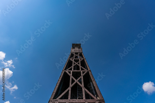 Low angle shot of ancient wooden tower used in attacking medieval castles during a siege