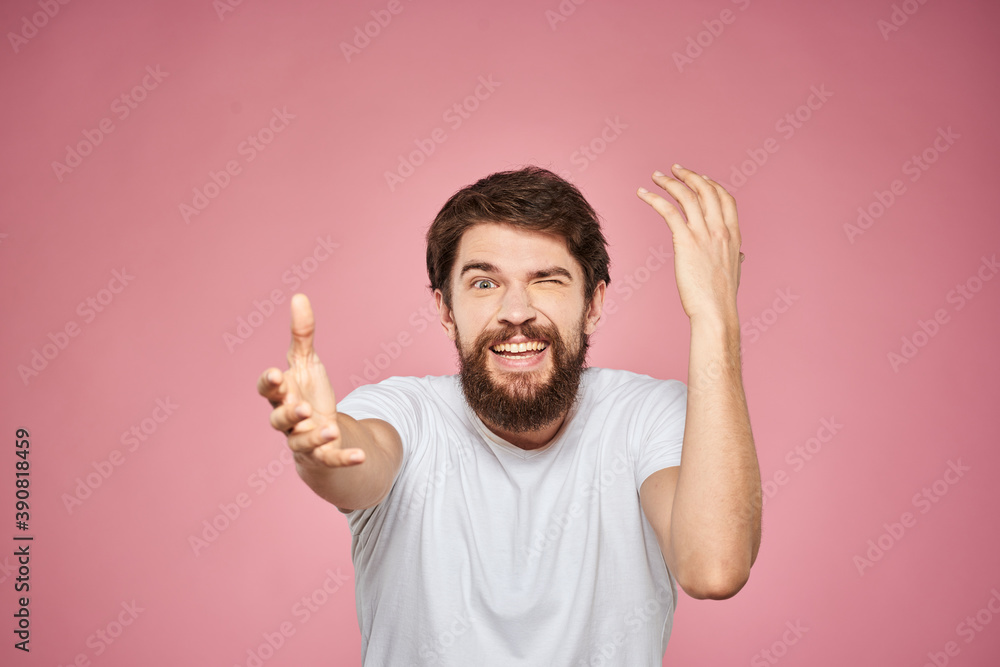 cheerful bearded man white t-shirt emotions cropped view pink background cheerful bearded man white t-shirt emotions cropped view pink background