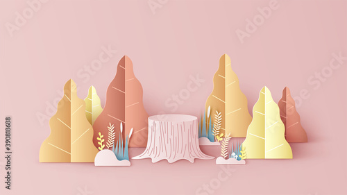 Autumn forest scene with stage podium Stump and blank space. Autumn season backdrop. paper cut and craft style. vector, illustration.