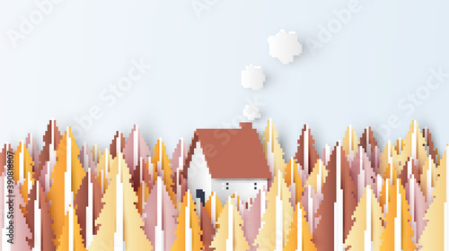 Lonely house in the middle of Autumn forest. Autumn landscape. paper cut and craft style. vector, illustration.