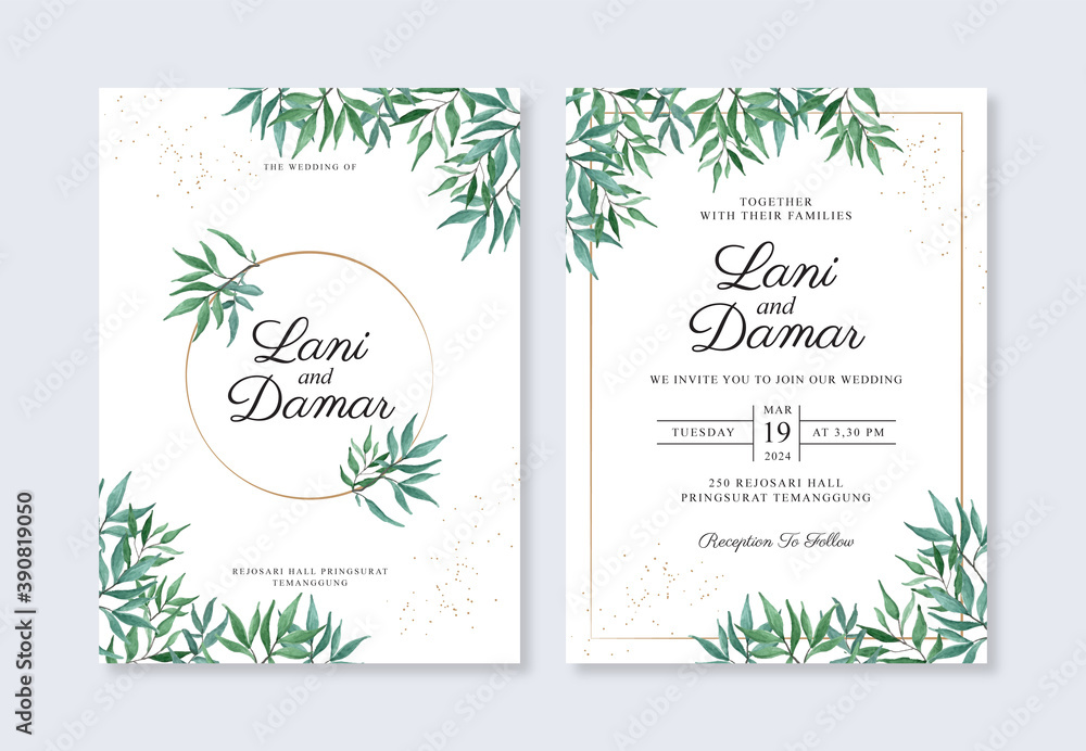 Wedding invitation template with hand painted watercolor foliage