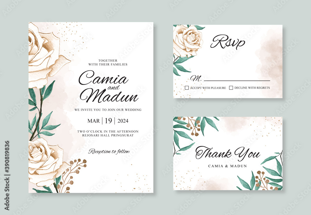 Wedding card invitation template with hand painted watercolor floral