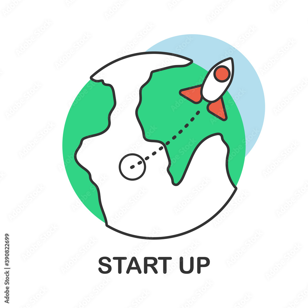 Business start up concept logo, New project start up concept in flat design style, Rocket launch vector illustration. Business start up concept logo, New project start up concept in flat design style, Rocket launch vector illustration.