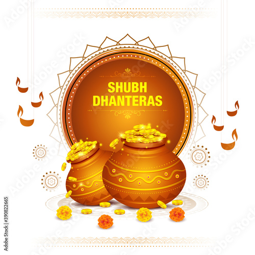 Illustration pot full of gold coins, oil lamps and decorative elements for celebration of Indian religious festival Happy Dhanteras, Diwali.