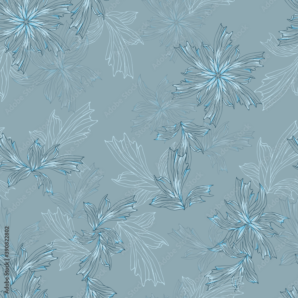 Winter snowy seamless background, texture of blue snowflakes. Frost, blizzard. Vector illustration for your design