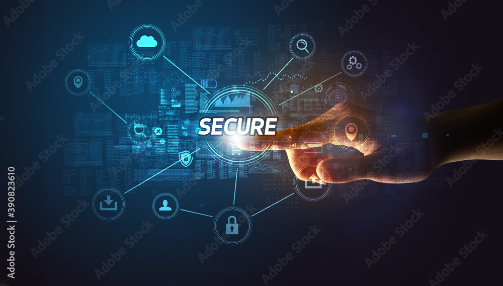 Hand touching SECURE inscription, Cybersecurity concept