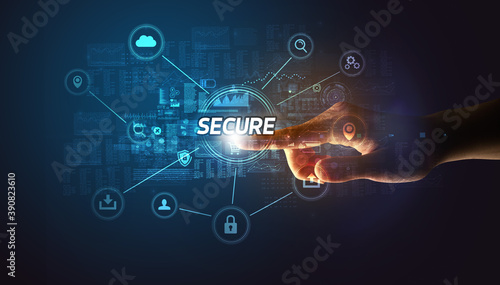 Hand touching SECURE inscription, Cybersecurity concept