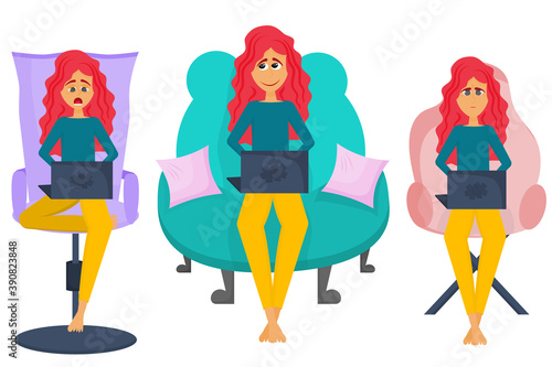 A set of girls at work, with a laptop. Different chairs and chairs and different facial expressions, dreaminess, boredom and concentration. A freelancer works from home. Vector illustration..