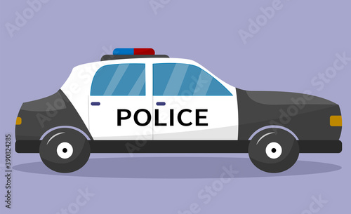 Police car, side view. Police patrol transport. Vector illustration, flat cartoon style. Vector illustration