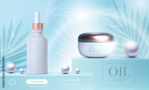 Elegant cosmetic products set background. Vector 3D Premium cream jar for skin care products. Luxury facial cream. Cosmetic ads flyer or banner design. Cosmetic poster template. Make up products brand