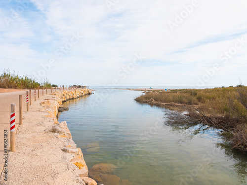 Capi Corp seascape. Mediterranean coast. Car road and bike lane. Costa del Azahar  Alcossebre  Valencian community  Spain.