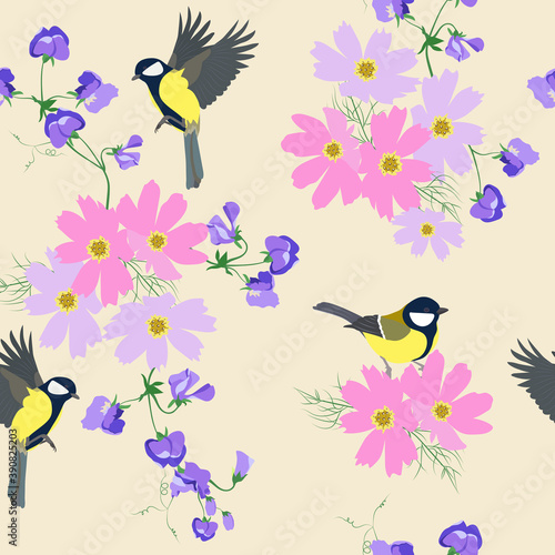 Seamless beautiful vector illustration with wildflowers and titmouse on beige background.