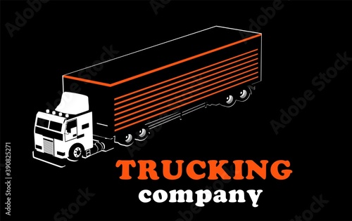 Logistic transportation trucking company logo on black background, three truck and plane jet above them, monochrome vector template