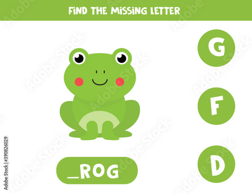 Find missing letter. Carton frog illustration. Logical game.