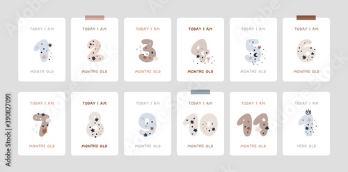 Baby Milestone Cards with numbers in pastel colors. Baby's first 12 months. Baby's first year baby boy or girl shower gifts. Capture all the special moments of little one’s in first year