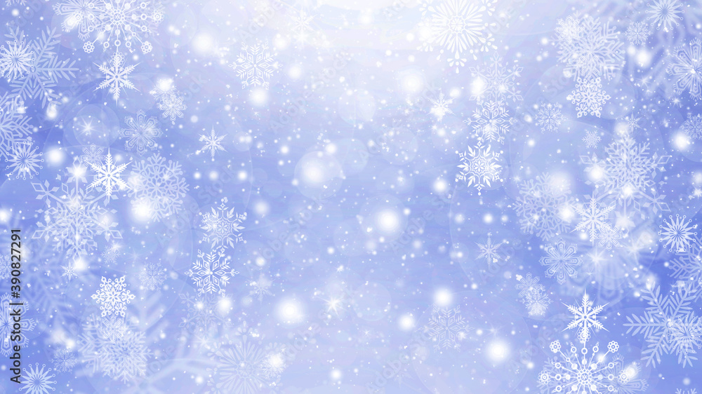 Winter blue and white bokeh background with circles, sparkles and snowflakes