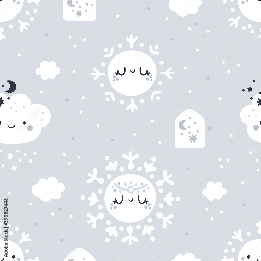 Seamless childish pattern with cute cartoon snowflakes, clouds and houses. Kids texture in pastel colors. Nursery winter print. Ideal for wallpaper, wrapping paper, kids clothing, textile, fabric Seamless childish pattern with cute cartoon snowflakes, clouds and houses. Kids texture in pastel colors. Nursery winter print. Ideal for wallpaper, wrapping paper, kids clothing, textile, fabric