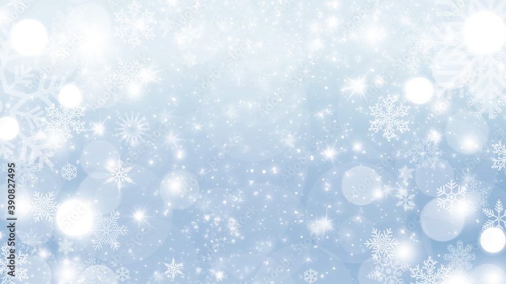 Winter blue and white bokeh background with circles, sparkles and snowflakes