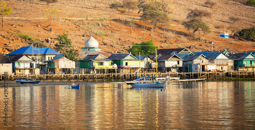 Panorama of early morning view on local fishermen village in the Komodo National Park, Indonesia photo