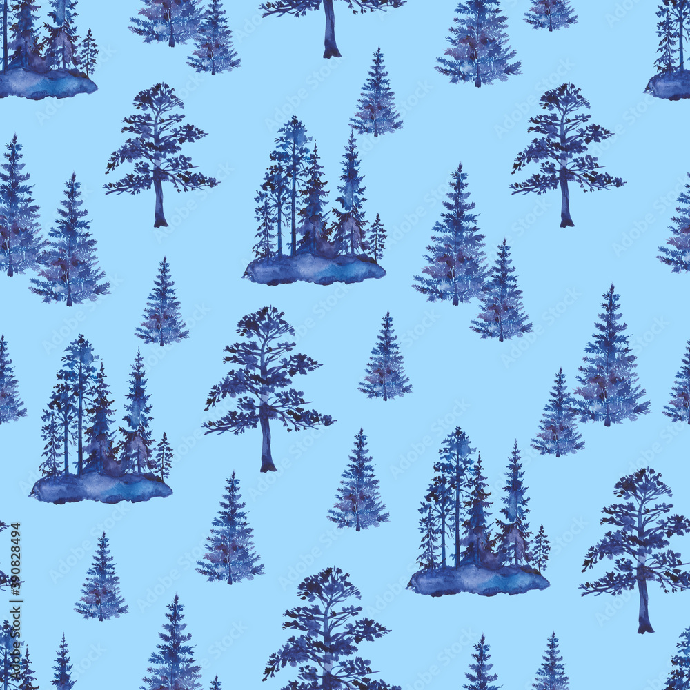 Obraz premium Watercolor pattern with forest, trees, pines and firs, seamless forest pattern