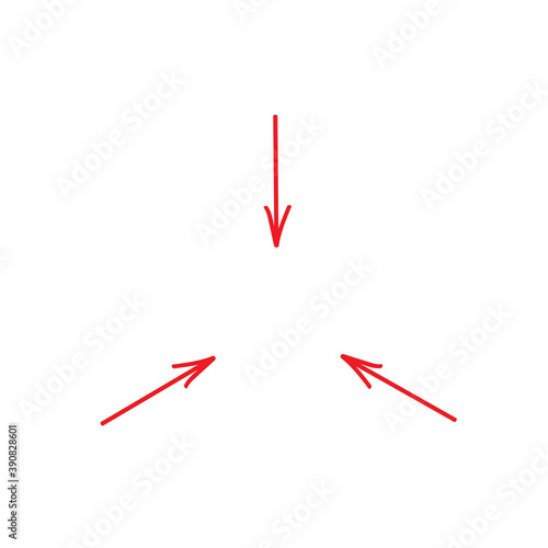 Three red arrows point to a specific location. Focusing attention on a specific object. Isolated elements on a white background. Vector.