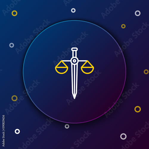 Line Scales of justice icon isolated on blue background. Court of law symbol. Balance scale sign. Colorful outline concept. Vector.