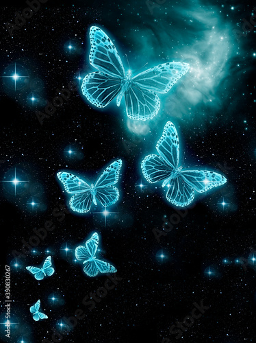 blue glowing butterflies with nebula and stars like romantic magic mystic background  © starblue