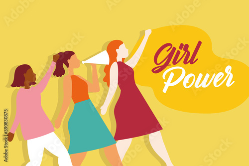 power girl poster with interracial girls protesting with lettering